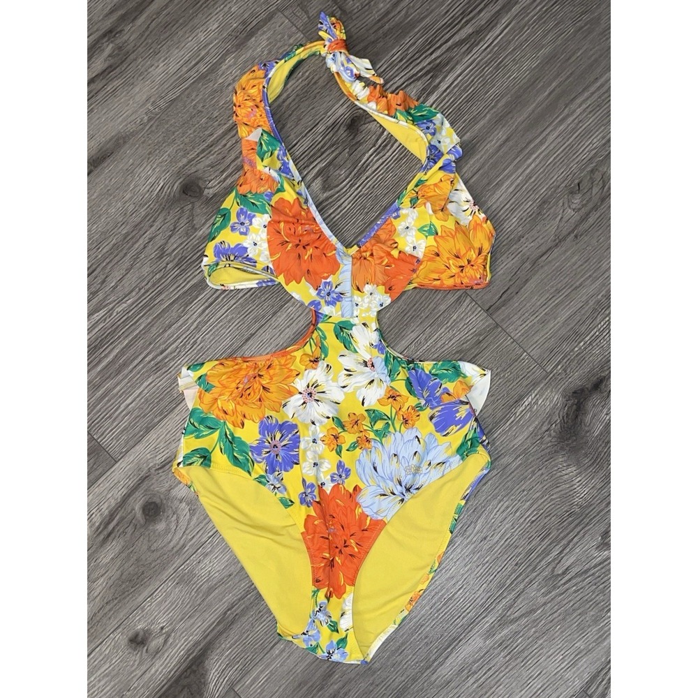 Aerie Ruffle Halter One Piece Swimsuit Womens Large Yellow Floral Side Cut Outs